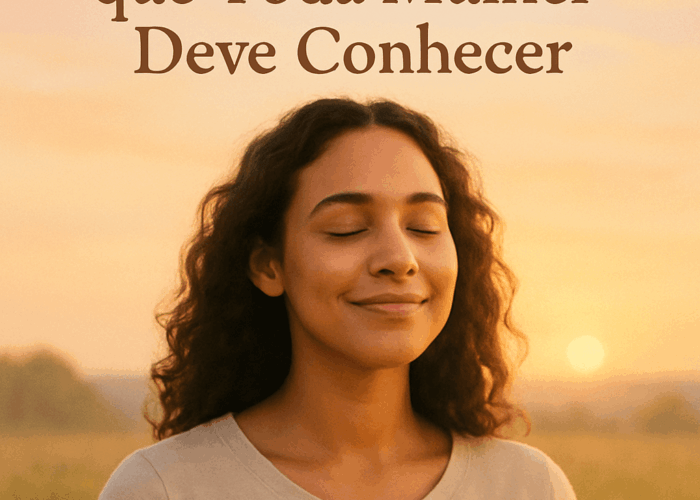 Uma mulher sorrindo suavemente, com uma expressão de paz e confiança, em um cenário que sugira um amanhecer sereno ou um campo aberto.