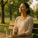 Imagem de Capa (Título do Artigo) Título a que se refere: Como o Relaxamento Pode Transformar Sua Pele e Mente: Dicas Práticas para Mulheres. Mulher brasileira em pausa consciente em parque urbano, olhos fechados, luz suave da manhã, pele luminosa e expressão serena, simbolizando relaxamento, autocuidado e bem-estar holístico.